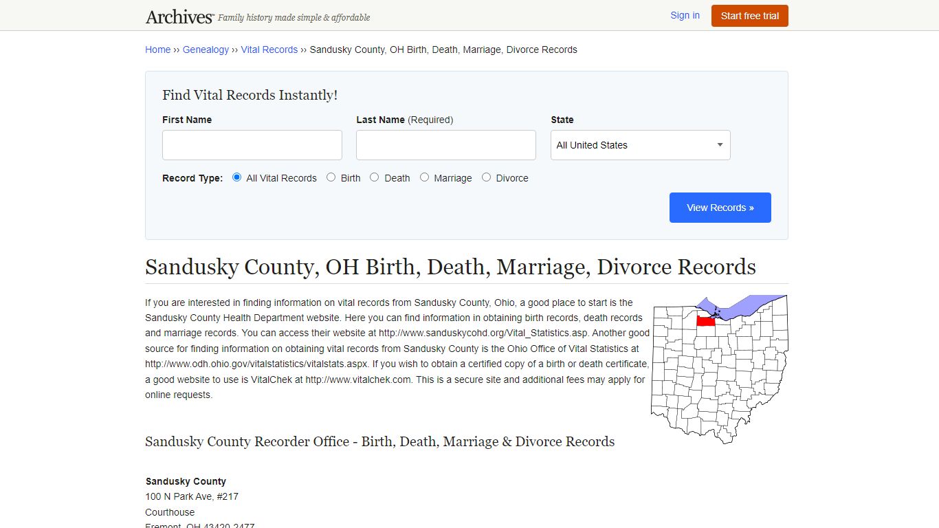 Sandusky County, OH Birth, Death, Marriage, Divorce Records